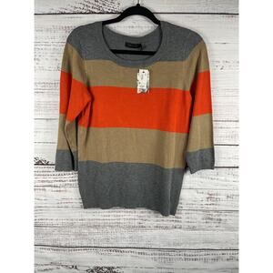 The Limited Sweater Womens Medium Gray Striped 3/4 Sleeve Button Side Pullover